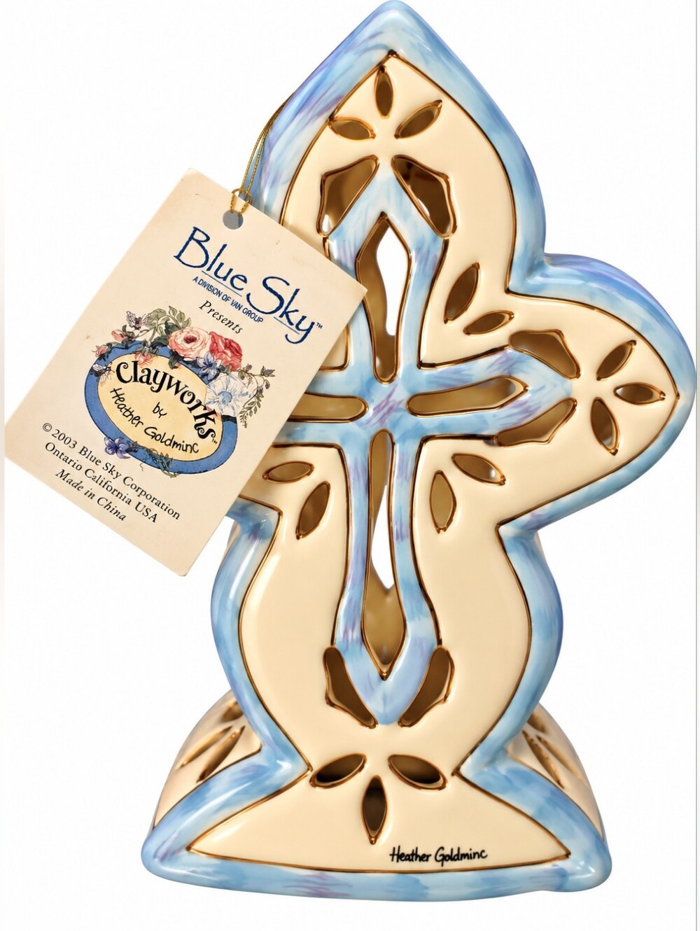 Blue Sky Ceramic Cross Teal and Gold Decorative Candle Holder